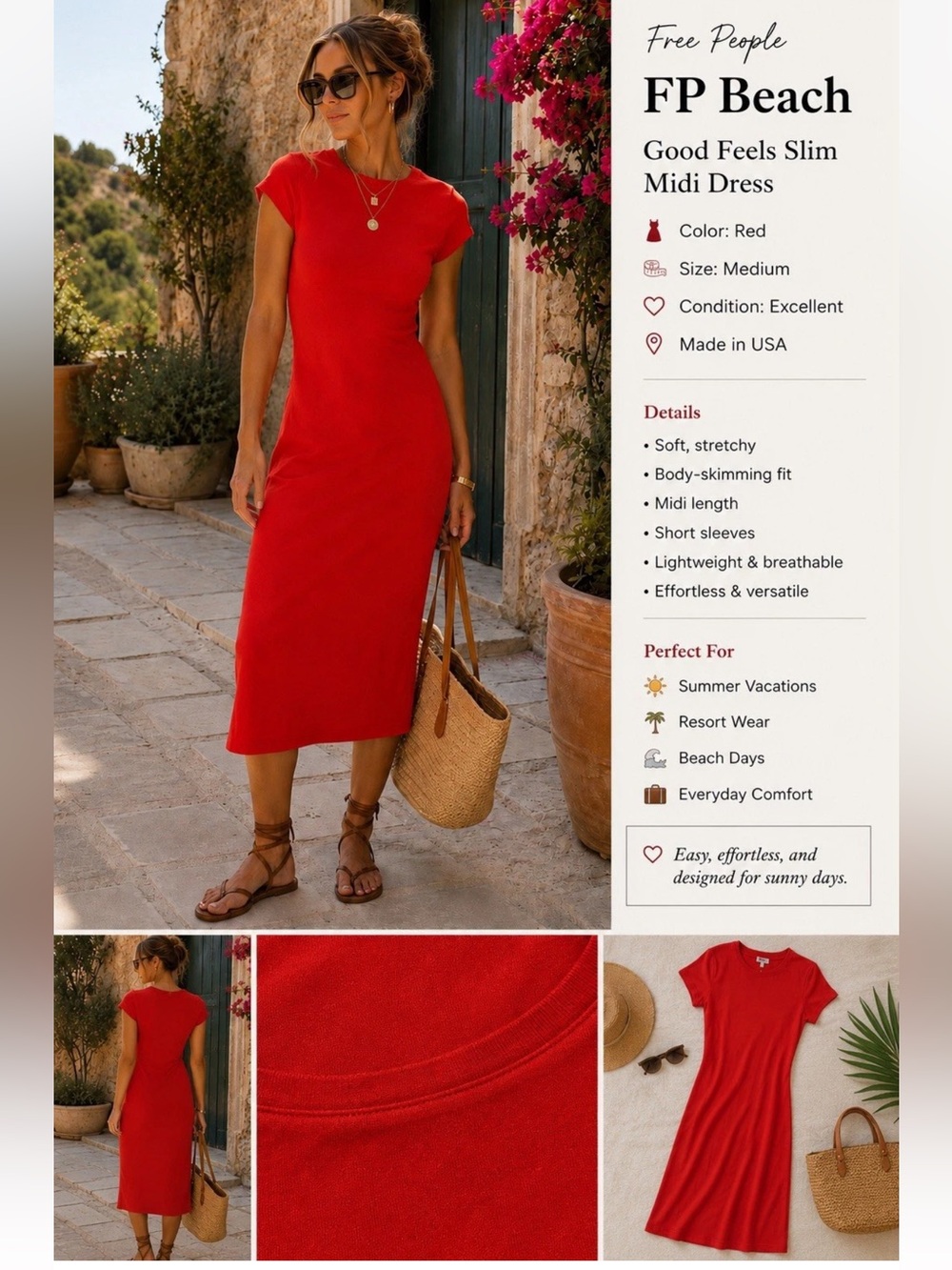 Free People FP Beach Good Feels Slim Midi Dress Red USA Short Sleeve Bodycon C